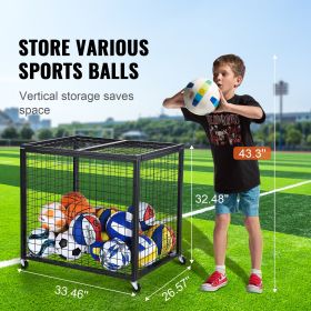 Rolling Sports Ball Storage Cart, Basketball Cage with Double Lids, Sport Equipment Holder Organizer for Indoor Outdoor