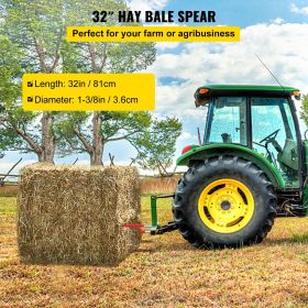 Hay Spear 32" Bale Spear 1350 lbs Capacity, Bale Spike Quick Attach Square Hay Bale Spears 1.4" Wide, Red Coated Bale Forks